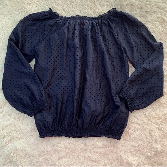 Navy Polka Dot Off the Shoulder Baby Doll Top - Picture 3 of 5